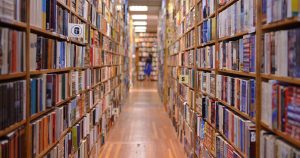 Looking down the aisle of a bookstore in Wichita, KS